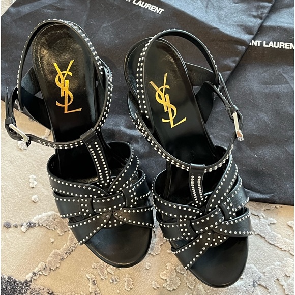 Yves St Laurent high heeled strap silver studded platforms.Impeccable. - Picture 2 of 8